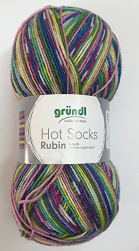 Gründl Hot Socks Rubin, 7 tolle Farben, Merino Sockenwolle + Bambus, 100 g Knäuel, 4-Fach, kuschelweich auch hervorragend für Tücher geeignet. (04) von Rubin