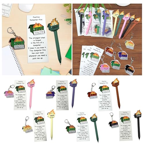 Rubu22a 6PC Dumpster Fire Lustige Geschenke Kugelschreiber (6 Farben) Acryl Schlüsselanhänger und Lesezeichen Ende des Jahres Student Geschenke Abschlussfeier Wertschätzung Gastgeschenke (6) von Rubu22a