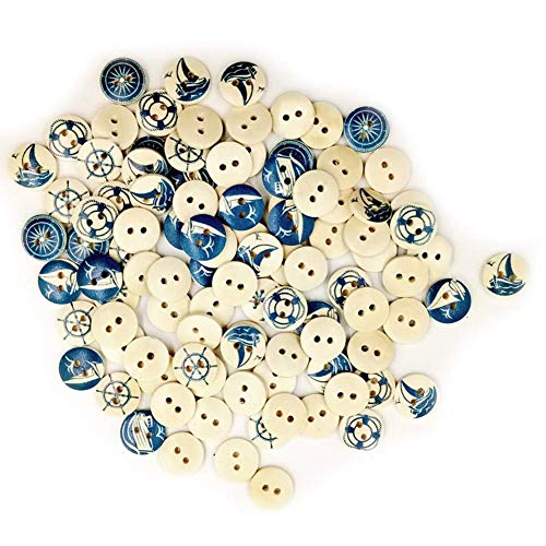 Ruby569y 100 Stück blaue runde Holzknöpfe zum Nähen und Stricken von Kleidung, Segelkompass, Schiff-Muster, Knöpfe für Jungen, Kleidungszubehör, 15 mm blaue Knöpfe für DIY Handarbeit. von Ruby569y