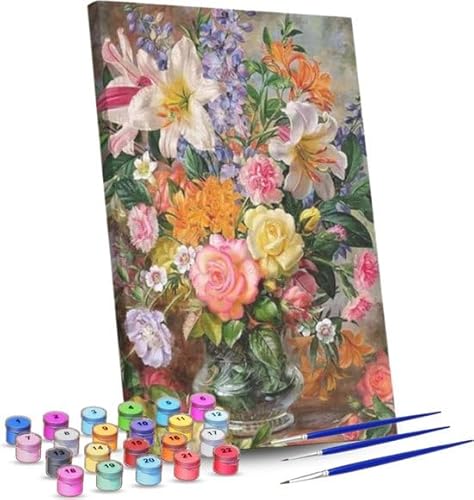 Rubye® Malen nach Zahlen Erwachsene und Kinder [40 cm x 50 cm] - DIY Ölgemälde Leinwand Set - Inklusive Pinsel, Staffelei und Farben - Blumen in Vase Leicht [Ohne Rahmen] von Rubye