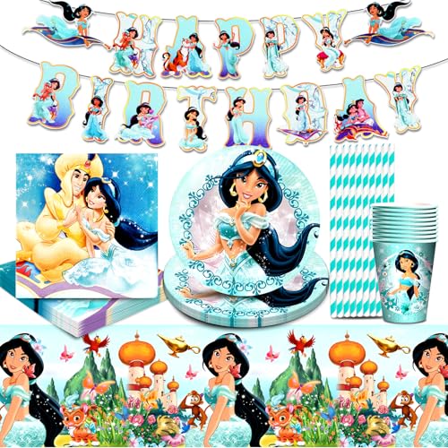 Ruenie 51 Pcs Prinzessin Jasmin Deko Geburtstag, Jasmin Partygeschirr Geburtstag, Prinzessin Jasmin Geburtstag Party, Partygeschirr Kindergeburtstag Jasmin, Partygeschirr Set Mit Teller Becher von Ruenie