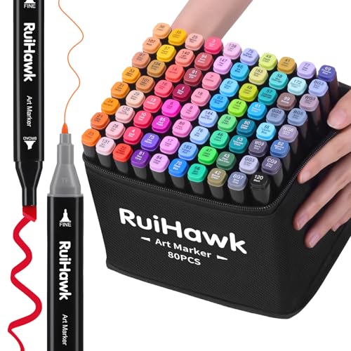RuiHawk 80+2 Farben Alkohol Stifte Set, Meißel & Feine Verdoppelt Kunst Marker Filzstifte Set, 2 Sekunde Schnell Trocknende Alkohol Marker mit Anti-Seepage Abstandshaltern für Malerei, Design, Manga von RuiHawk