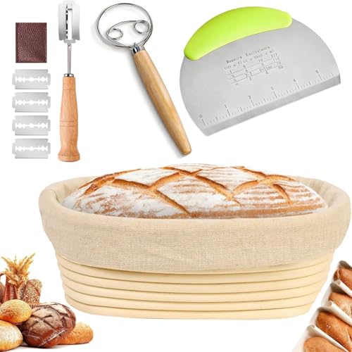 Brotbackset 9-Teiliges,Gärkorb Set,25cm Oval Brotkörbchen,100% natürlichem Rattan,Brot Gärkörbchen aus Peddigrohr,Sauerteig Starter Set und Komplettset Backzubehör,zum Brot backen,Brotkörbchen von Ruiaqer
