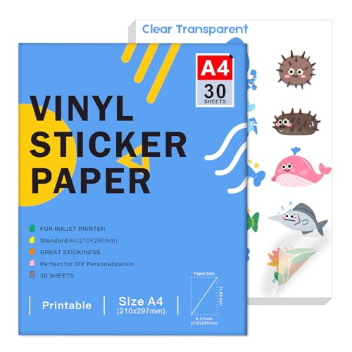 Hochwertiges, bedruckbares, klares Vinyl-Aufkleberpapier für Tintenstrahldrucker - Transparenter, glänzender, wasserfester Aufkleber in A4-Größe, trocknet schnell, lebendige Farben (30 Sheets) von Ruibytree
