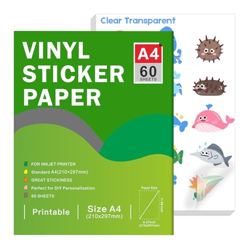 Hochwertiges, bedruckbares, klares Vinyl-Aufkleberpapier für Tintenstrahldrucker - Transparenter, glänzender, wasserfester Aufkleber in A4-Größe, trocknet schnell, lebendige Farben (60 Sheets) von Ruibytree