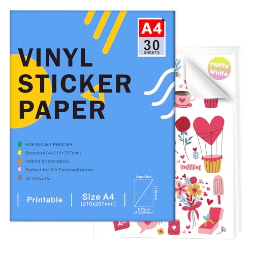 Hochwertiges bedruckbares Matt Vinyl-Aufkleberpapier für Tintenstrahldrucker - A4-Format (297 x 210 mm), Wasserfeste, selbstklebende Aufkleber, kompatibel mit Cricut (Matt, 30 Blätter) von Ruibytree