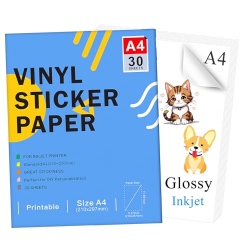 Ruibytree Bedruckbares Glänzend Vinyl-Aufkleberpapier für Tintenstrahldrucker - A4 Format (297 x 210 mm) Wasserfester selbstklebender Aufkleber Kompatibel mit Cricut,Lebendige Farben (30 Blätter) von Ruibytree