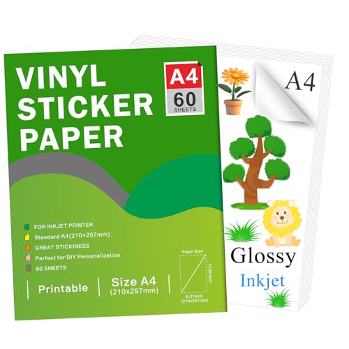 Ruibytree Bedruckbares Glänzend Vinyl-Aufkleberpapier für Tintenstrahldrucker - A4 Format (297 x 210 mm) Wasserfester selbstklebender Aufkleber Kompatibel mit Cricut,Lebendige Farben (60 Blätter) von Ruibytree