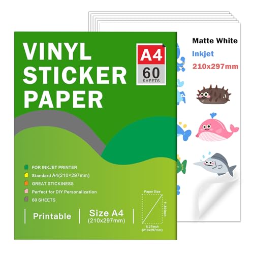 Ruibytree Bedruckbares Mattes Vinyl-Aufkleberpapier für Tintenstrahldrucker - A4-Format (297 x 210 mm) Wasserfeste Selbstklebende Aufkleber, Kompatibel mit Cricut, Lebendige Farben (60 Blätter) von Ruibytree