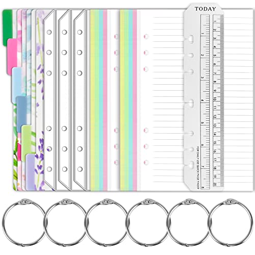 A5 Nachfüllbare Notizpapier Set, 6 Löcher A5 Nachfüllpapier 50 Blatt 6 Farbige Trennblätter A5 Papier Bunt Liniert mit Lineal 3 Klarsichttaschen Planner Organizer für Notizbuch Tagbuch Skizze Malerei von Ruicaifu