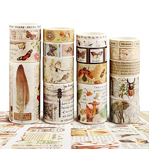 Ruicaifu 18 Rollen Washi Tape Vintage Set, Dekoratives Klebeband Masking Tape Vintage Washi Klebeband für DIY Basteln Journals Planer Scrapbooking Papier Karte (7.5/5/3/2.5/2/1.5/1/0.5cm) von Ruicaifu