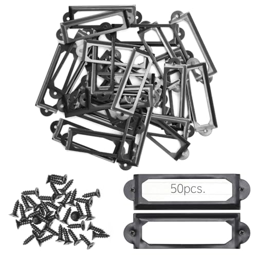 Ruidee 50 Stück Etikettenhalter aus Metall, 60 x 17 mm, Etikettenrahmen für Karten (Etikettenhalter mit Schrauben) für Möbel, Schubladen, Schränke, Bücherregal, Namenskarte (IBQK-Black-60) von Ruidee