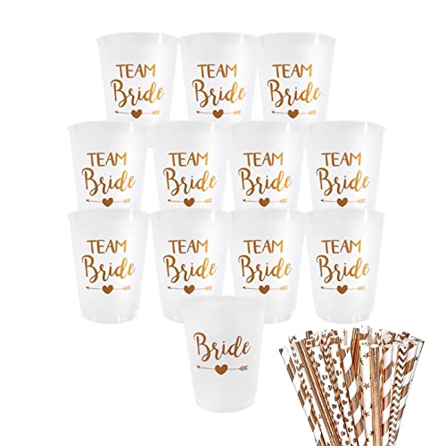 12 Stück Team Bride Becher JGA Becher Wiederverwendbar Bachelorette Party Cup mit 6 Modelle Rosagold Folie Team Bride Strohhalme für Bridal Shower Verlobungsfeier Junggesellenabschied frauen Party von Ruikdly