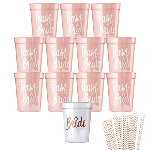 12 Stück Team Bride Becher JGA Becher Wiederverwendbar Bachelorette Party Cup mit 6 Modelle Rosagold Folie Team Bride Strohhalme für Bridal Shower Verlobungsfeier Junggesellenabschied frauen Party von Ruikdly