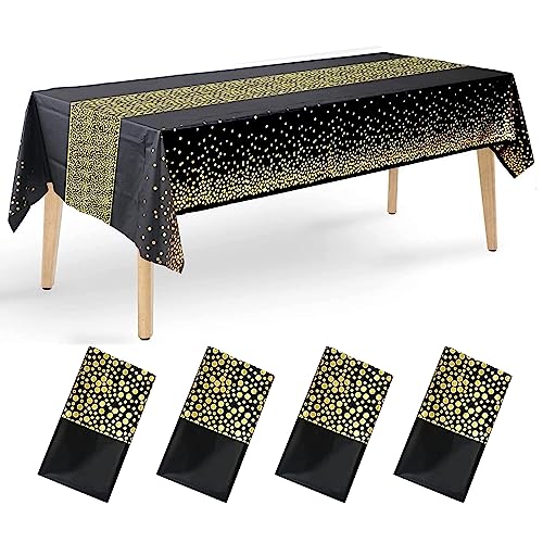 4 Stück Tischdecke Schwarz Gold Party Tischdecken Wasserdicht Einweg Tischdecke Tischdecke Bierzeltgarnitur 137 x 274cm Rechteckig Tischtuch Geeignet für Party, Kindergeburtstag, Hochzeit, Weihnachten von Ruikdly