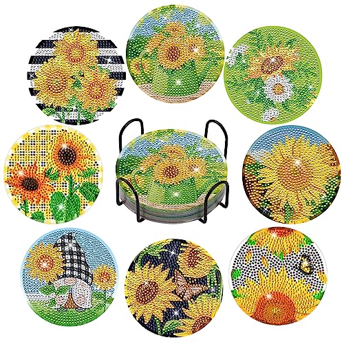 8 Stück Diamond Painting Untersetzer mit Halter, Diamond Painting Erwachsene, Wiederverwendbare DIY Sonnenblume Tassenuntersetzer mit Diamanten und Montagewerkzeuge fur Tassen,Vasen, Kerzen Dekoratio von Ruikdly