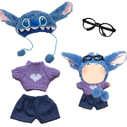 Bekleidung für 17CM Plüsch, Kuscheltier Kleidung Outfit, Puppenkleidung 17 cm, Plüsch Puppenkleidung 4 Stück, Mütze, Pullover, Shorts und 1 Brille, Junge und Mädchen, Ohne Puppe (Blau) von Ruikdly