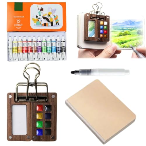 Aquarell-Reise-Set, 12 Farben Tragbare Aquarell Palette, Mini Aquarellkasten, Mini Aquarell Travel Set, Skizzenbuch Palette Set, Wood Aquarell Skizzenbuch für Maler, Künstler, Studenten (8 Gitter) von Ruioomeep