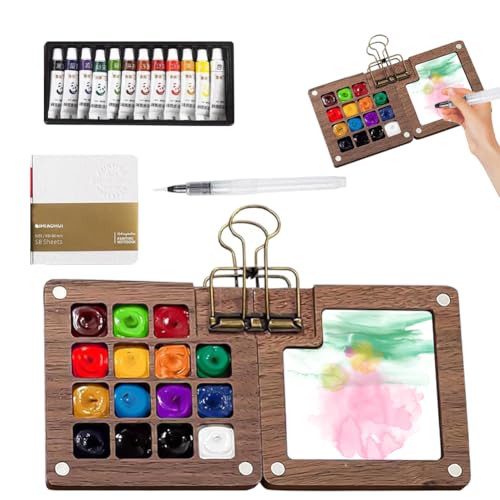 Mini Aquarell Set, 12 Farben Tragbare Aquarell Palette, Reise Aquarellpalette, Zusammenklappbare Holz Mini Palette, Aquarellfarben Set mit Aquarellpapier Journal, Aquarellpinsel Stiftel, Clip von Ruioomeep