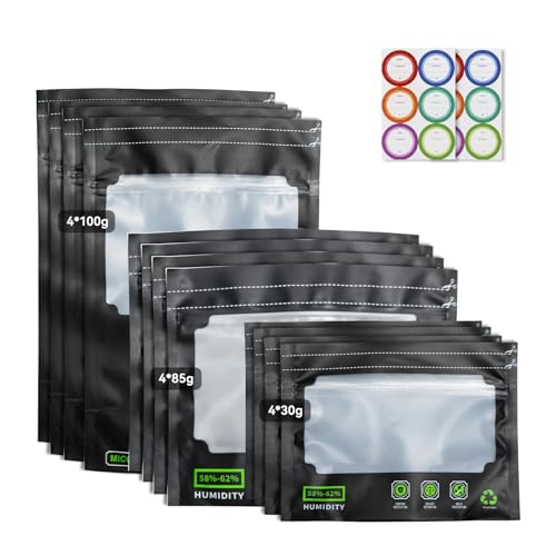 12 für 30g/85g/100g Terploc Grove Bags, Wiederverwendbare Aufbewahrungsbeutel, Luftdicht, Geruchskontrolle, UV-Schutz & Feuchtigkeitskontrolle (58–62%) von Rujevia