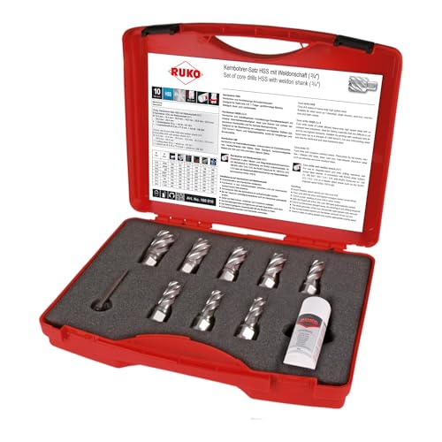 RUKO 108810 - Juego brocas huecas HSS vástago Weldon, Ø 12-14-16-18-20-22-24 y 26 Incluye guía expulsor y spray de corte RUKO 108810 - Juego brocas huecas HSS vástago Weldon, Ø 12-14-16-18-20-22-24 y 26 Incluye guía expulsor y spray de corte von Ruko