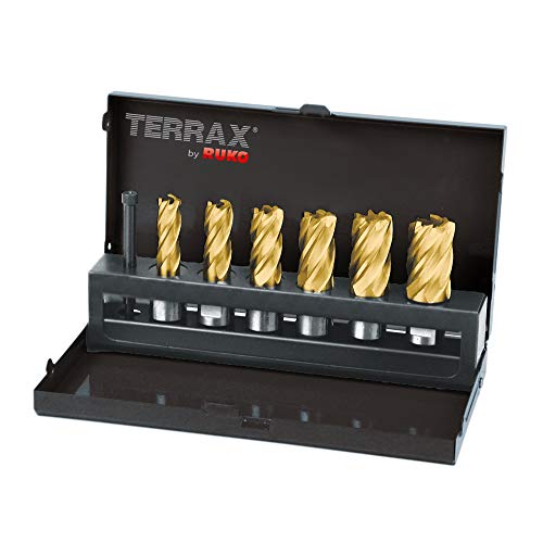 TERRAX Kernbohrer-Satz HSS-TiN mit Weldonschaft (3/4"), CBN geschliffen, in Industriekassette, Titan-Nitrid-Beschichtung, Auswerferstift, 7-teilig TERRAX Kernbohrer-Satz HSS-TiN mit Weldonschaft (3/4"), CBN geschliffen, in Industriekassette, Titan-Nitrid-Beschichtung, Auswerferstift, 7-teilig von RUKO