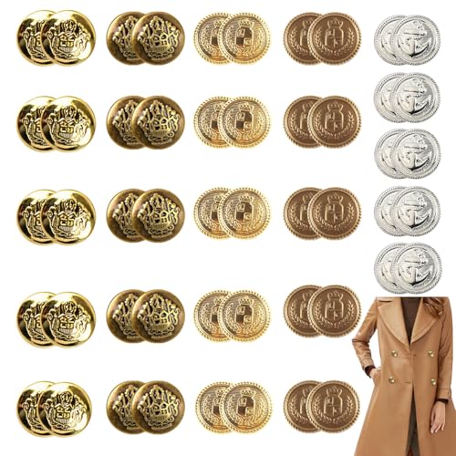 50 Stück Blazer Knöpfe Set, Gold Runde Dekorative Vintage Shank Buttons für Anzüge, Uniform, Jacke - Antike Polierte Goldene Ankerknöpfe mit Logo (21mm) von Rumgug