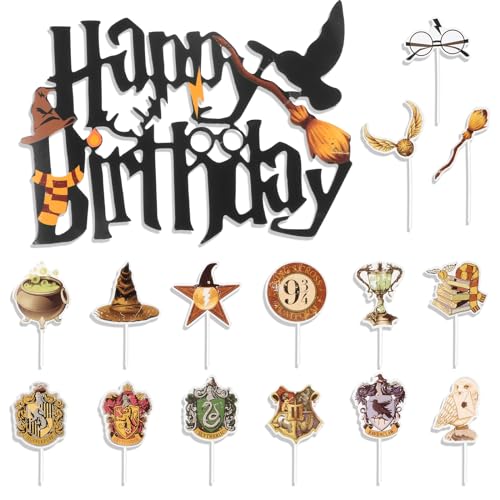 16 Stück Magical Tortendeko, Harry Potter Happy Birthday Tortendeko, Glitter Wizard Happy Birthday Cake Topper, Cupcake Topper für Jungen und Mädchen, Geburtstag Themen Party Dekoration Supplies von Rundago