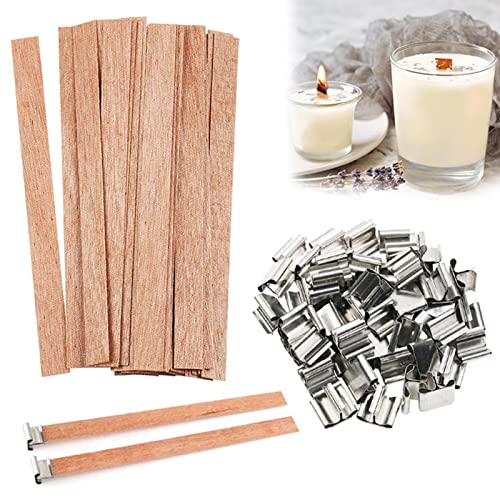 100 PCS Kerzendochte mit 50 PCS Eisenständer, Kerzen Machen Holzdocht für DIY Kerzenherstellung Handwerk, Rauchfreie Natürliche Umweltfreundliche Holzdochte für die Kerzenherstellung von Runmeihe