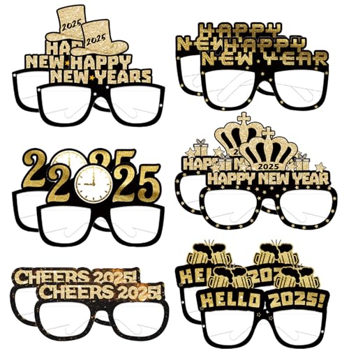 Runmeihe 12 Stück Frohes Neues Jahr Brillen, Silvesterdekorationen 2025 Gläser, Partypapiergläser mit Glitzer für Kostümparty, Fotorequisiten, Silvesterparty, Silvesterpartyzubehör 2025 von Runmeihe