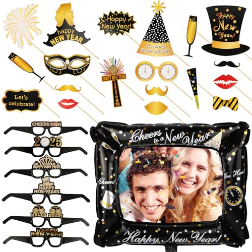 2025 Happy New Year Foto Booth Requisiten, aufblasbarer Selfie-Fotorahmen mit 6 Paar Partybrillen und 19 PCS lustige Requisiten, Photo Booth Zubehör für Silvester Party Dekoration 2025 Happy New Year Foto Booth Requisiten, aufblasbarer Selfie-Fotorahmen mit 6 Paar Partybrillen und 19 PCS lustige Requisiten, Photo Booth Zubehör für Silvester Party Dekoration von Runmeihe