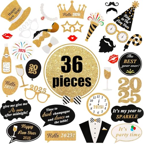 36 Stück Silvester Foto Requisiten, Schwarze Gold Happy New Year Silvester Deko 2025 mit Sticks und Tape, New Years Eve Deko Silvester Party 2025 Foto Requisiten 36 Stück Silvester Foto Requisiten, Schwarze Gold Happy New Year Silvester Deko 2025 mit Sticks und Tape, New Years Eve Deko Silvester Party 2025 Foto Requisiten von Runmeihe