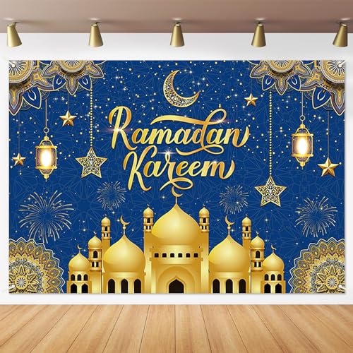 Großes Ramadan Mubarak Banner Deko mit Schnur, 180 x 110 cm Großer Muslimischer Umrah Mubarak Fotoautomaten Hintergrund für Eid Partyzubehör (Blue) von Runmeihe