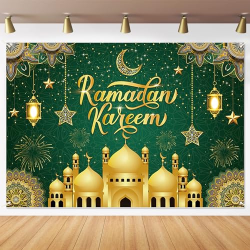 Großes Ramadan Mubarak Banner Deko mit Schnur, 180 x 110 cm Großer Muslimischer Umrah Mubarak Fotoautomaten Hintergrund für Eid Partyzubehör (Green) von Runmeihe