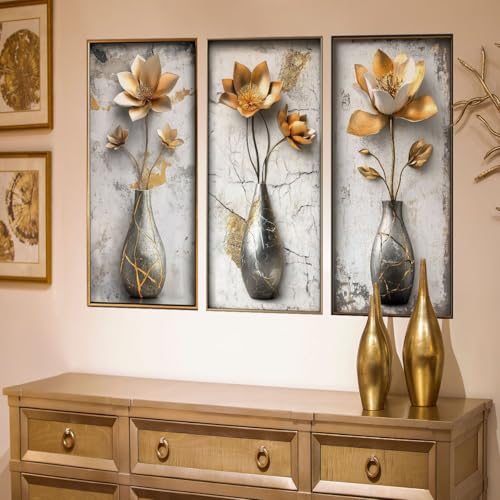 Runtoo 3D-Blumen-Wandaufkleber, goldfarben, Blumenvase, Wandaufkleber, zum Abziehen und Aufkleben, Wohnzimmer, Schlafzimmer, Büro, Heimdekoration von Runtoo