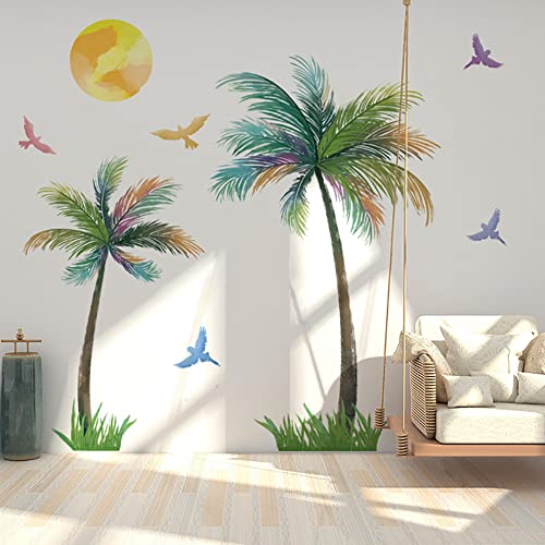 Runtoo Große Palmen-Wandaufkleber, bunte Vögel, tropische Pflanze, Wandkunst, Aufkleber für Wohnzimmer, Schlafzimmer, Kinderzimmer, Wanddekoration von Runtoo