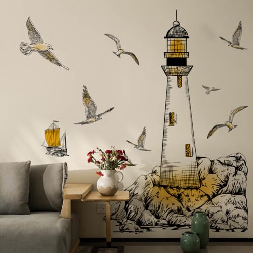 Runtoo Leuchtturm-Wandaufkleber, nautische Möwe, Wandsticker für Wohnzimmer, Kinderzimmer, Kinderzimmer, Dekoration von Runtoo
