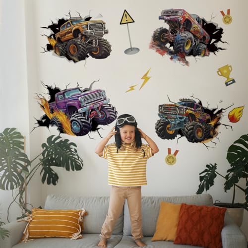 Runtoo Monster-Truck-Wandaufkleber, 3D-Rennenautos, Wandaufkleber für Jungenzimmer, Kinderzimmer, Wanddekoration von Runtoo