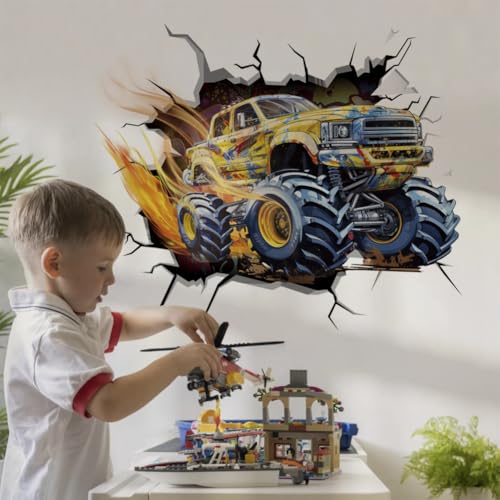 Runtoo Monster Truck Wandaufkleber für Jungenzimmer, 3D-Rennauto-Fahrzeuge, Wandaufkleber, Kinderzimmer, Spielzimmer, Wanddekoration von Runtoo