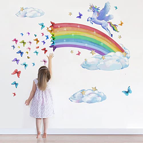 Runtoo Regenbogen-Wandkunst-Aufkleber, Einhorn, Regenbogen, Schmetterling, Wolken, Wandaufkleber für Baby, Kinderzimmer, Mädchen, Schlafzimmer, Wohnzimmer, Heimdekoration von Runtoo