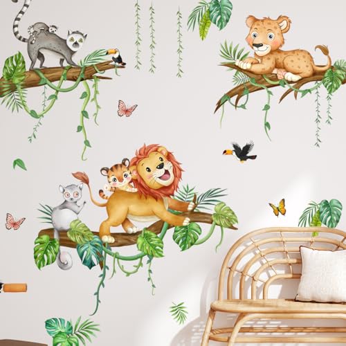 Runtoo Safari Tiere Löwe Wandaufkleber Tropische Palmenblätter Dschungel Tier Baum Zweig Wandkunst Aufkleber für Baby Kinderzimmer Kinderzimmer Klassenzimmer Heimdekoration von Runtoo