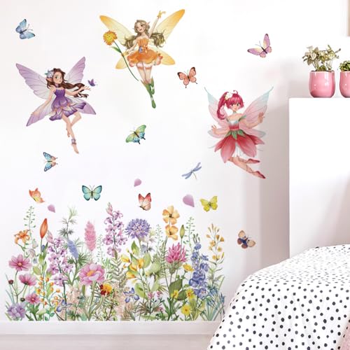 Runtoo Wandaufkleber mit Feen-Blumenmuster, Wildblumen, Schmetterling, Elfen, Wandaufkleber, Mädchen, Schlafzimmer, Kinderzimmer, Babyzimmer, Wanddekoration Runtoo Wandaufkleber mit Feen-Blumenmuster, Wildblumen, Schmetterling, Elfen, Wandaufkleber, Mädchen, Schlafzimmer, Kinderzimmer, Babyzimmer, Wanddekoration von Runtoo