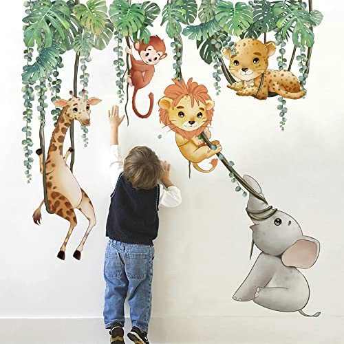 Runtoo Safari-Tier-Wandaufkleber, Palmblätter, Giraffe, Löwe, Elefant, Wandkunst, Aufkleber für Kinderzimmer, Heimdekoration von Runtoo