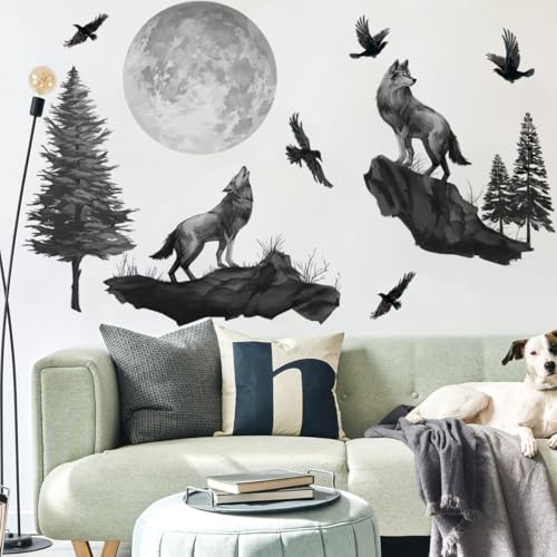 Runtoo Wandaufkleber mit Wolfsmond-Motiv, Motiv: schwarzer Bergwald, Tiere, Vögel, Wandkunst, Aufkleber für Kinderzimmer, Schlafzimmer, Wohnzimmer von Runtoo