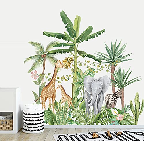 Runtoo Wandaufkleber mit tropischem Dschungeltier, Giraffe, Elefanten, Wandaufkleber, Kinderzimmer, Schlafzimmer, Wanddekoration von Runtoo