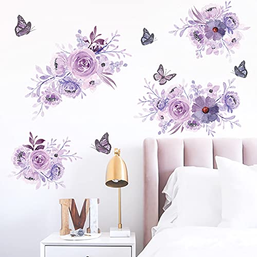 Runtoo Wandaufkleber mit violettem Blumenmuster, Pfingstrose, floraler Schmetterling, Wandkunst, Aufkleber für Mädchen, Schlafzimmer, Badezimmer, Kinderzimmer, Wanddekoration von Runtoo