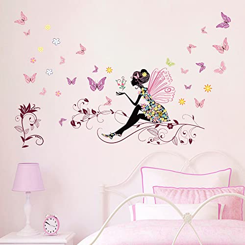 Runtoo Wandaufkleber für Mädchen, Motiv: Schmetterling, Mädchen, Fee, Blume, Wandkunst, Aufkleber für Mädchen, Kinderzimmer, Kinderzimmer, Wanddekoration von Runtoo