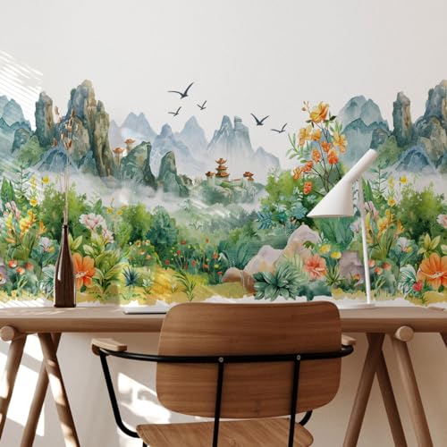 Runtoo Wandtattoo Berge Wandsticker Natur Landschaft Blumen Dschungel Wandaufkleber Wohnzimmer Schlafzimmer Badezimmer Wanddeko von Runtoo