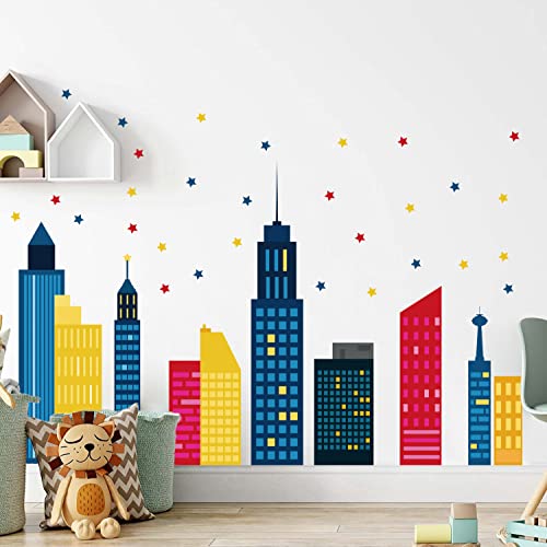 Runtoo Wandtattoo Stadt Skyline Wandsticker Gebäude Sterne Buntes Wandaufkleber Babyzimmer Schlafzimmer Kinderzimmer von Runtoo