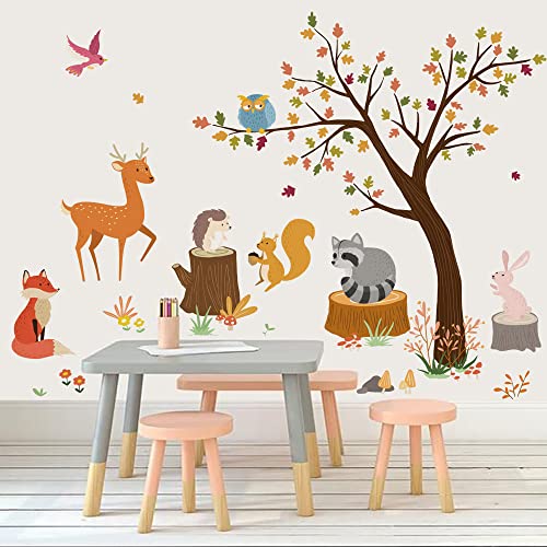 Runtoo Wooland Wandaufkleber mit Tieren, bunter Baum, Eule, Fuchs, Kinderzimmer, Wandaufkleber für Kinderzimmer, Schlafzimmer, Baby, Wandkunst, Dekoration von Runtoo